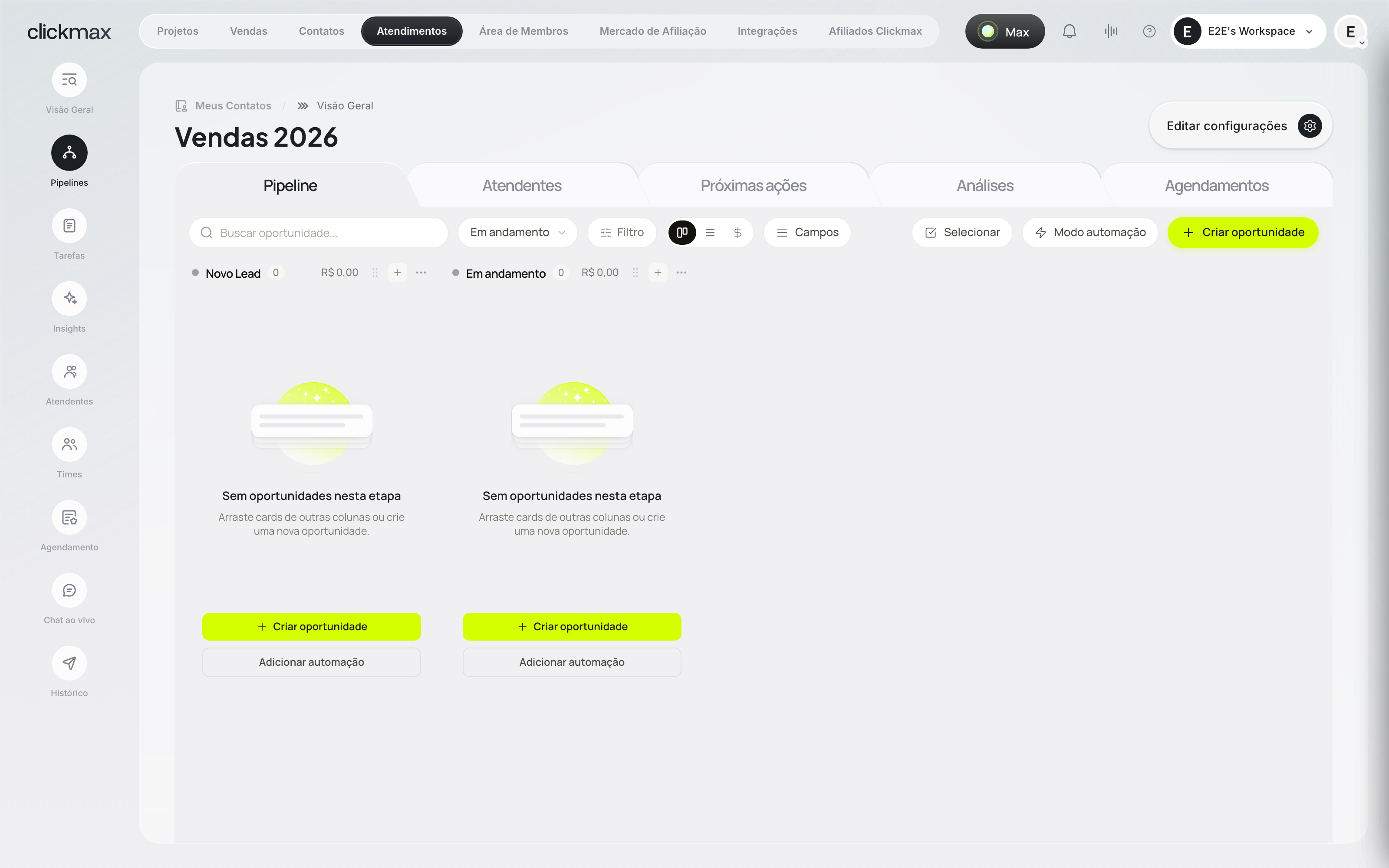 Board do pipeline com uma coluna por etapa, todas sem oportunidades