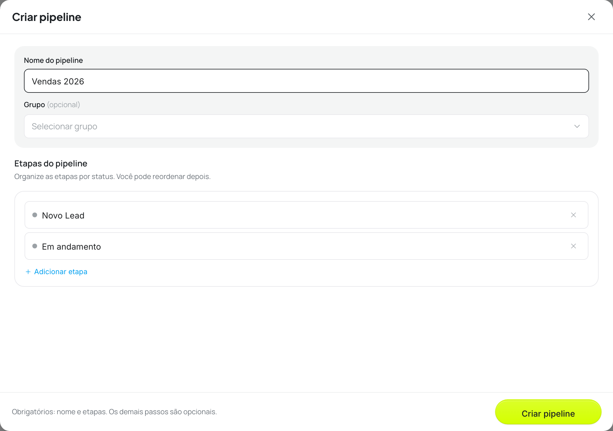 Modal com o nome do pipeline preenchido e o botão Criar pipeline habilitado