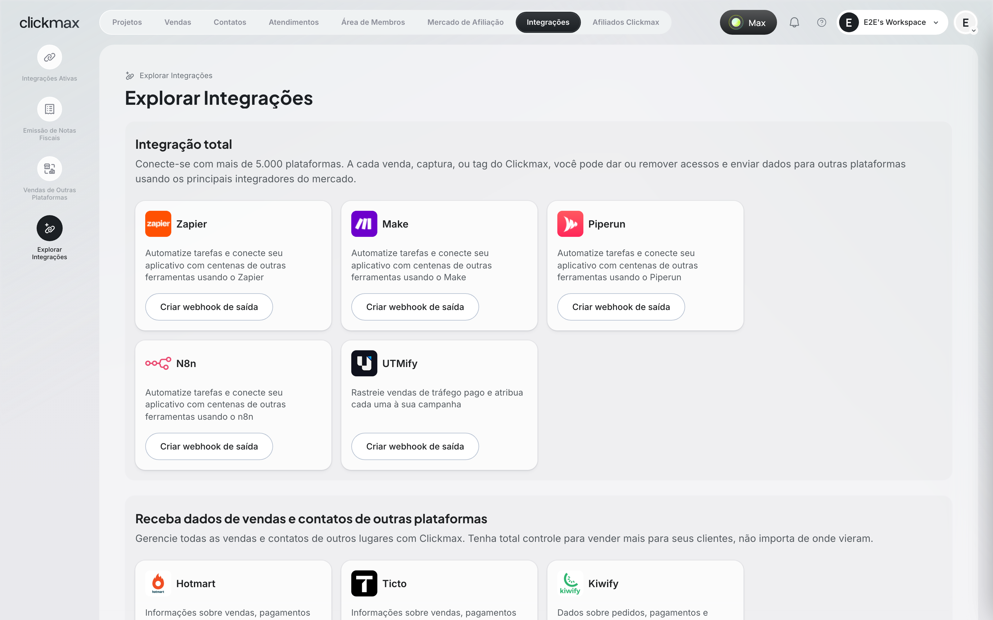 Catálogo de integrações com plataformas de automação e de checkout