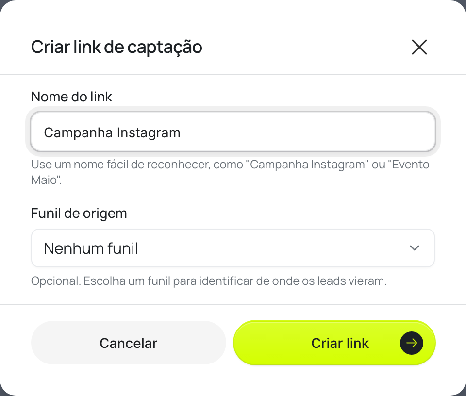 Formulário do link de captação com nome e funil de origem