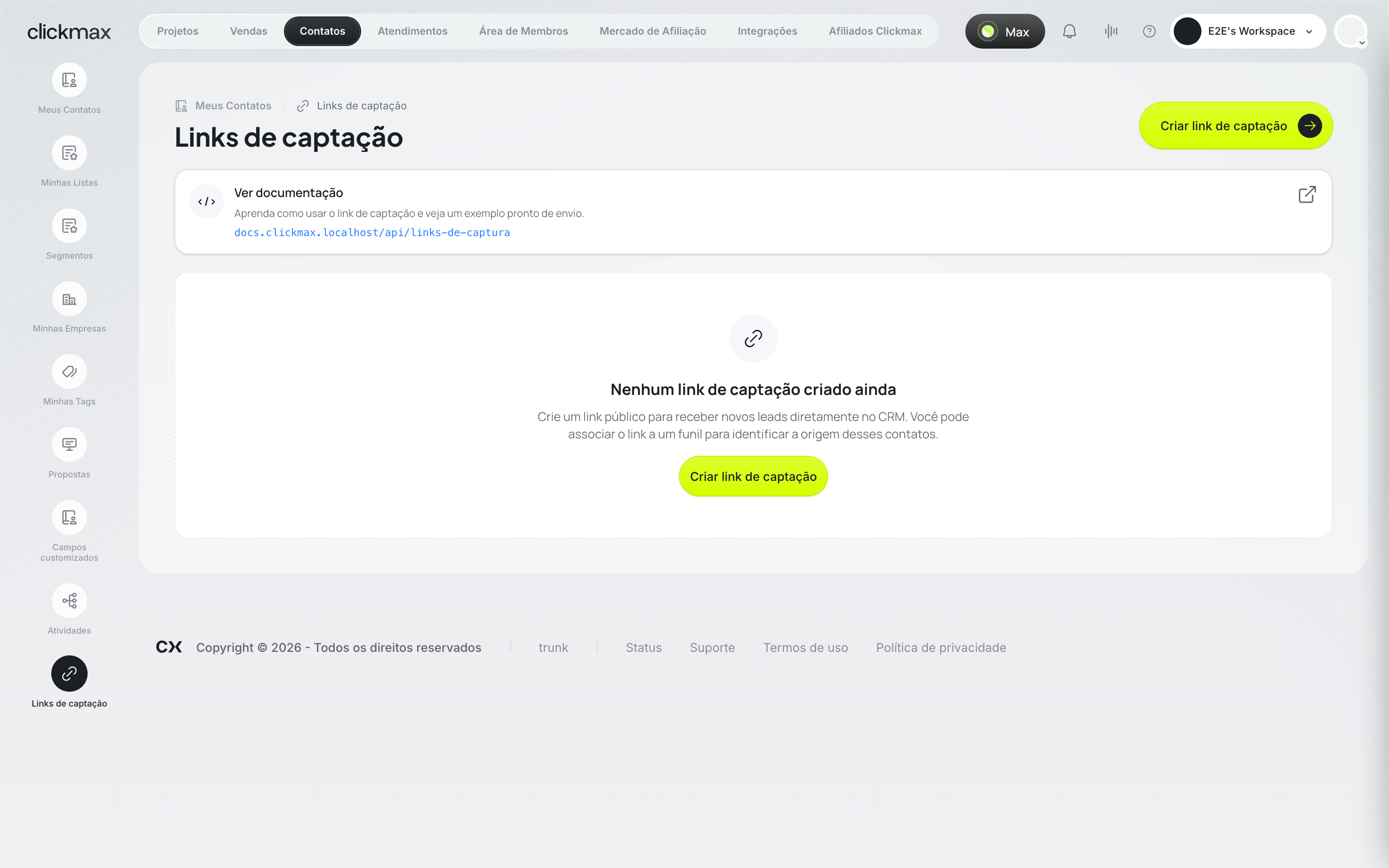 Links de captação com o botão Criar link de captação